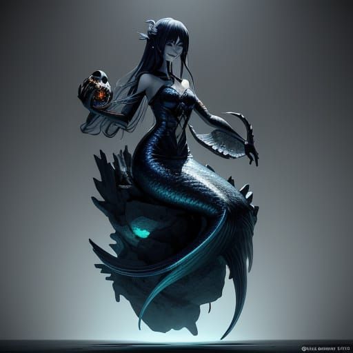 Wicked Mermaid Holding Skull in Ethereal Anime Style