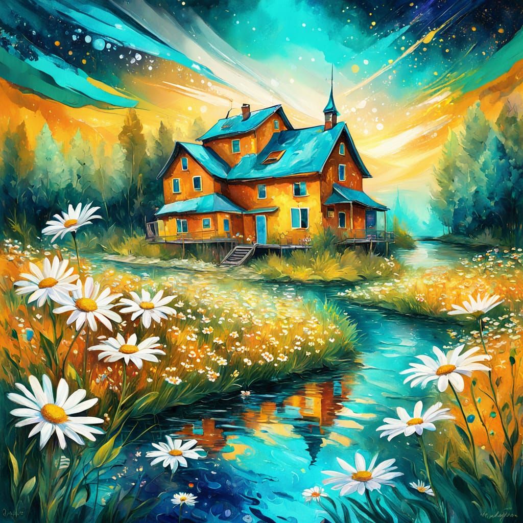 House by River with Astral Daisies