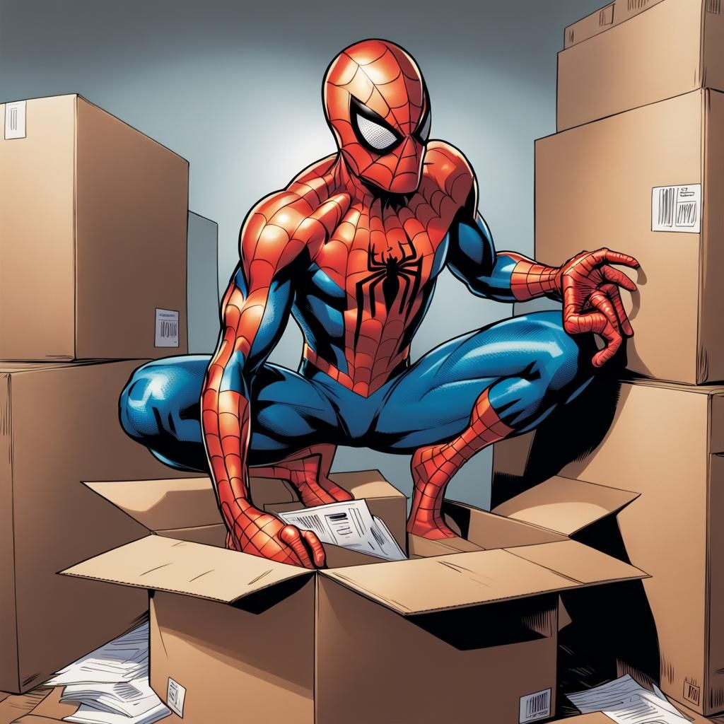 Spiderman Packs Boxes: Comic Book Art