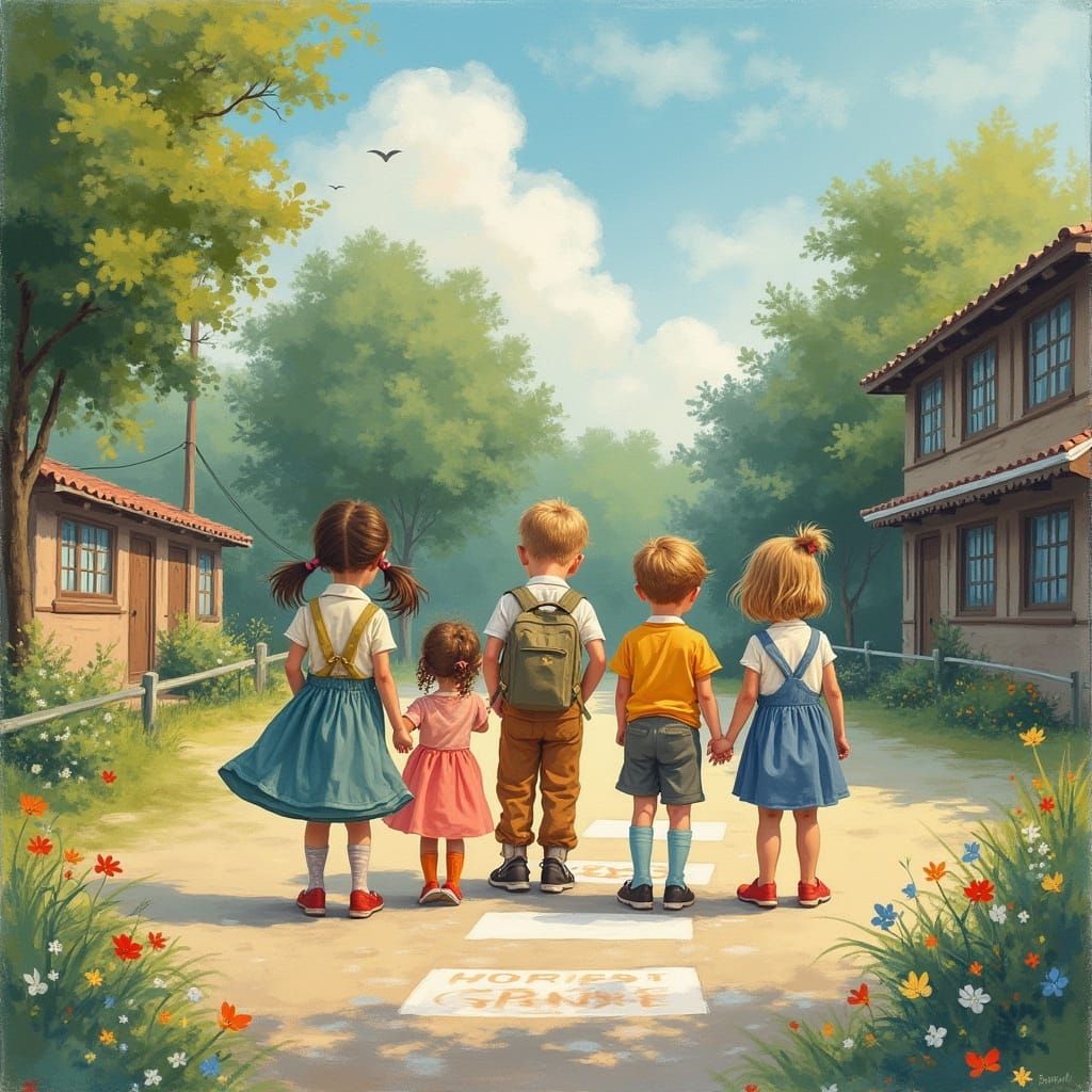 Children Playing Hopscotch in Schoolyard