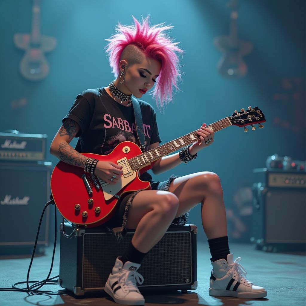 Pink Mohawk Guitarist in Dramatic Digital Painting