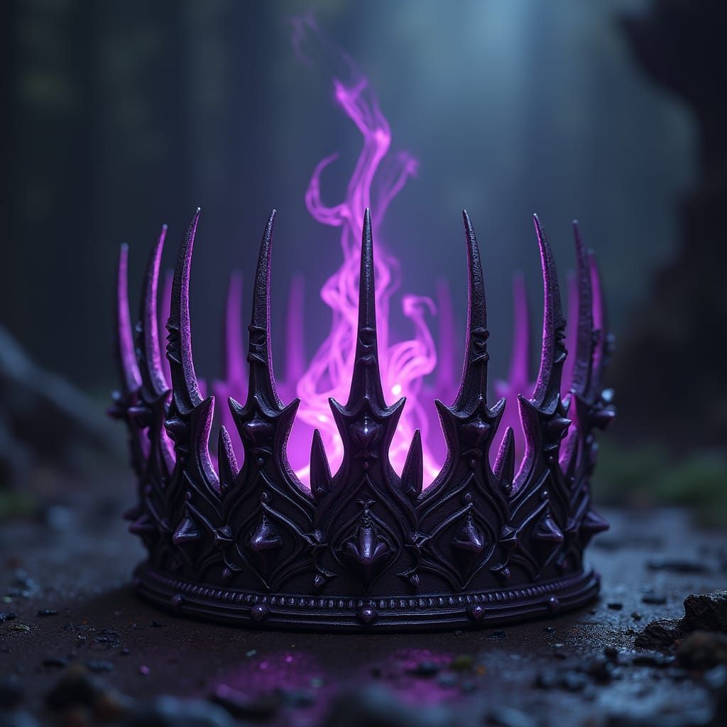 A mystical DROW crown, radiating an eerie, malevolent glow, its colors shimmering with a deep, rich purple hue, reminisc...