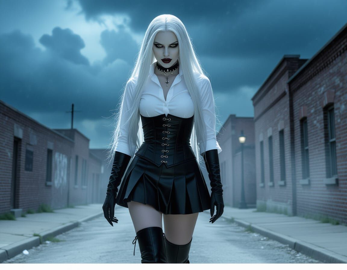 Curvaceous Goth Vampire Stalks Alleys in Cinematic Style