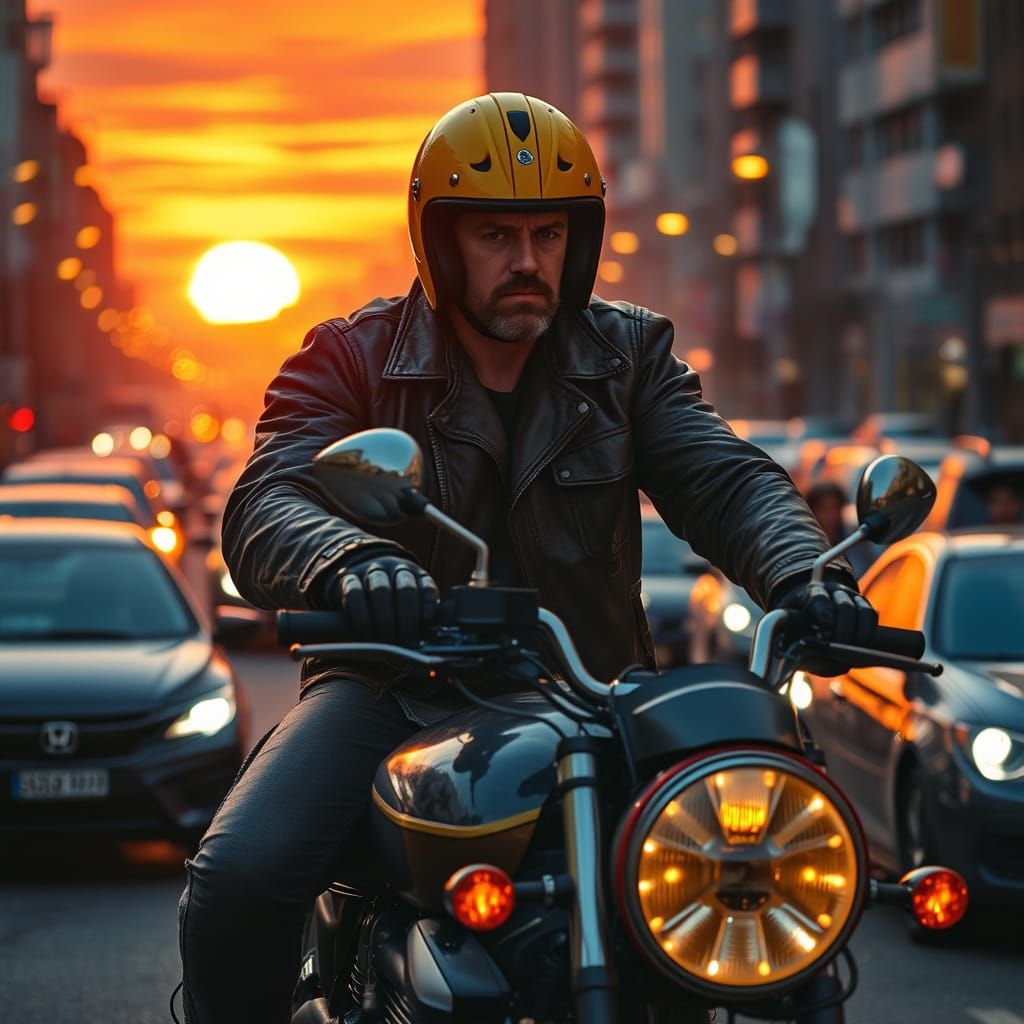 Rugged Rider Trapped in Dystopian City Traffic at Sunset