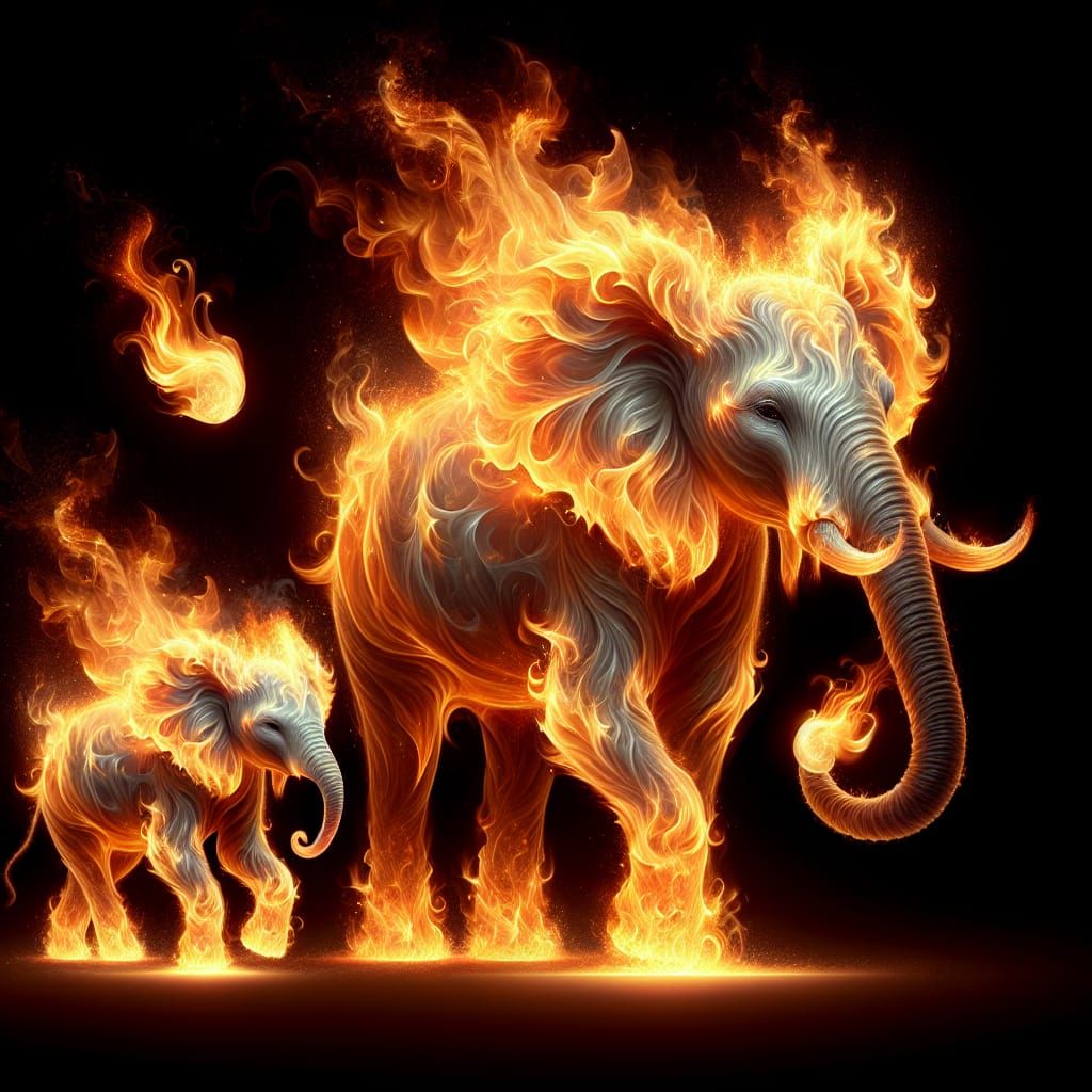 Ethereal Elephants: A Fiery Mother and Child