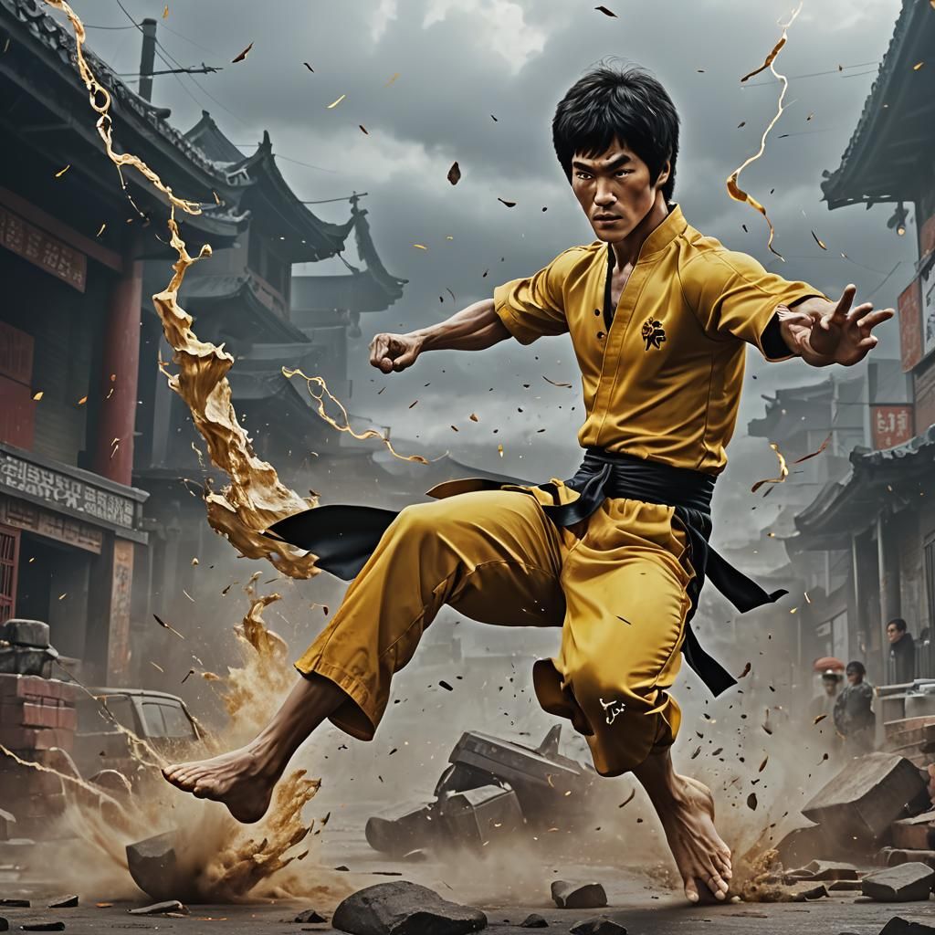 Bruce Lee Tornado Kick in 3D Anime Art