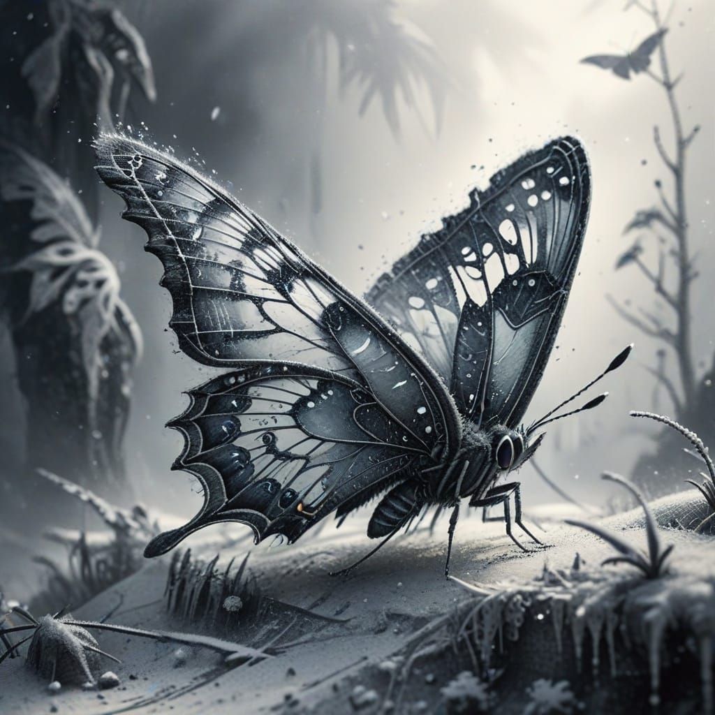 Monochrome Butterfly on Paper in Digital Painting Style