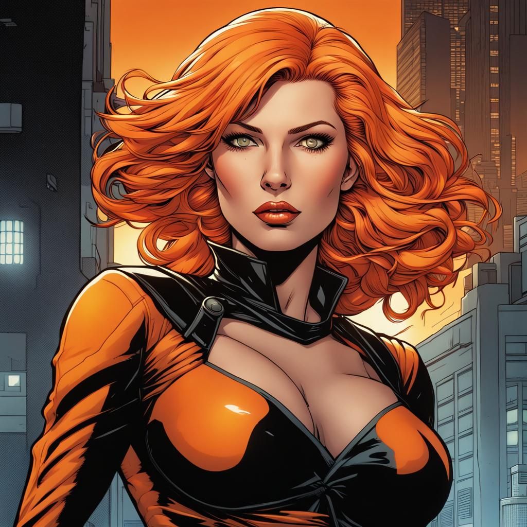 Woman with Orange Hair in Comic Noir Style