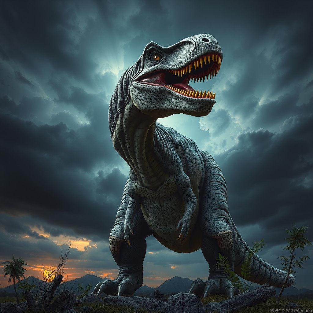Towering T-Rex Roars in Stormy Landscape