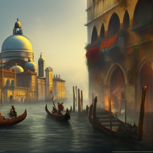Fantasy Venice Scene with Dragon in Matte Painting
