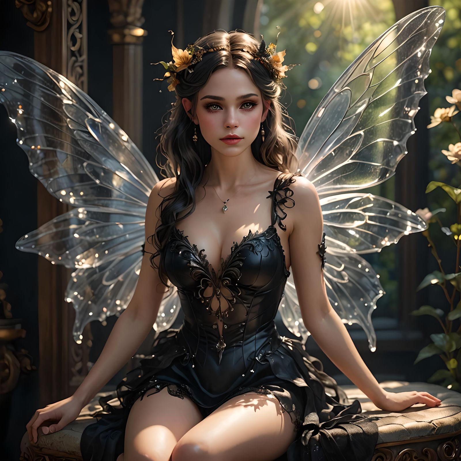Beautiful Fairy in Black Boudoir: Hyper-Realistic Image