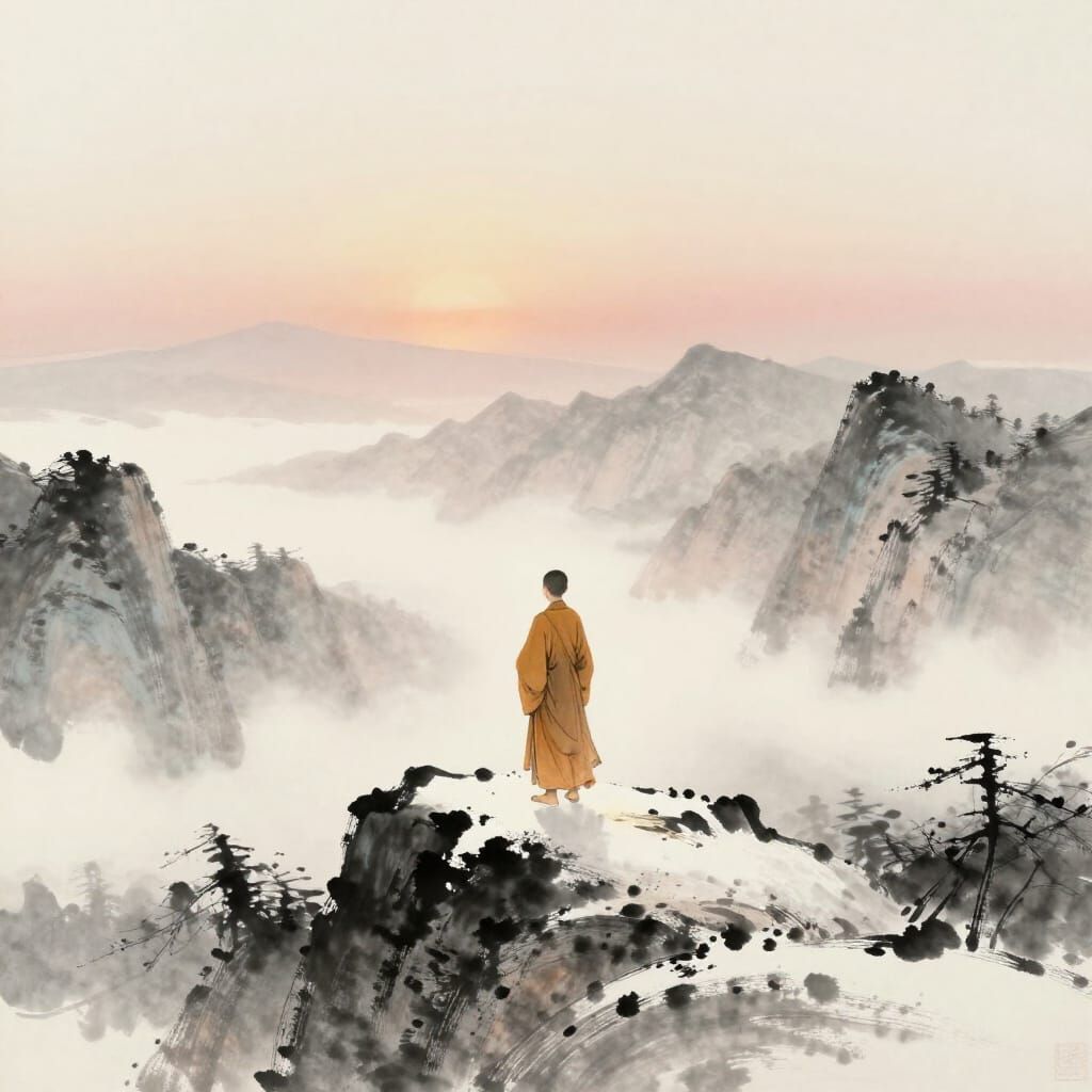 Monk Contemplates Serene Dawn from Mountain Peak in Ink Wash...