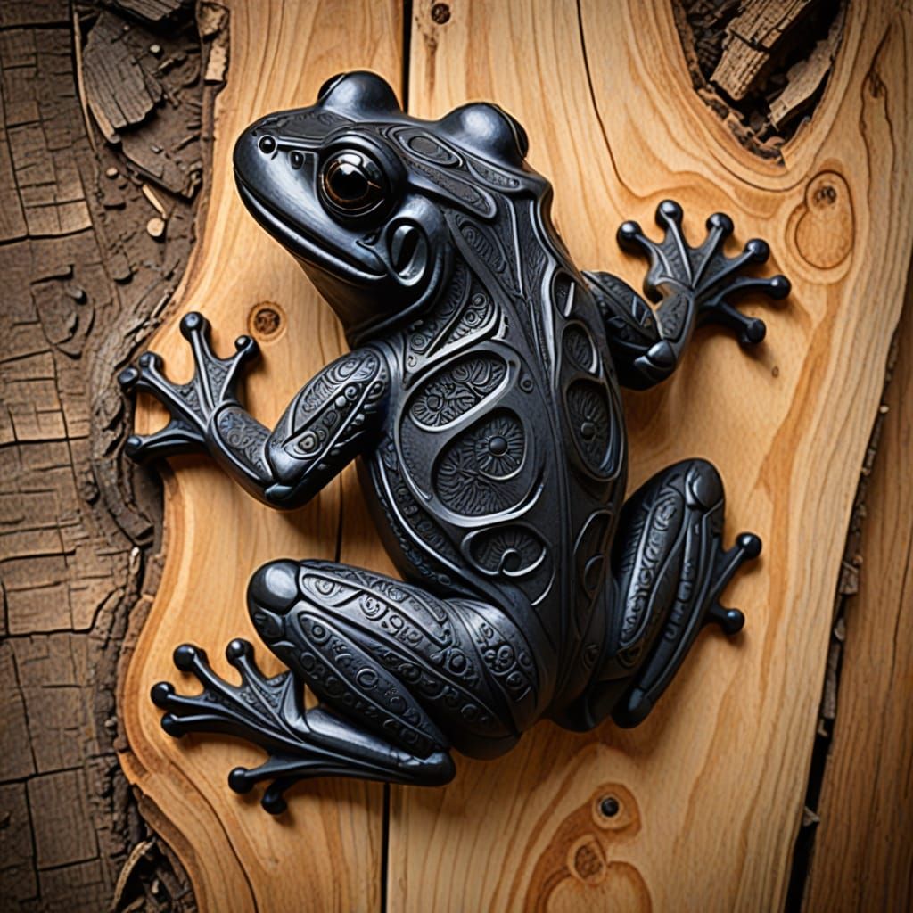 Charred wood frog carving
