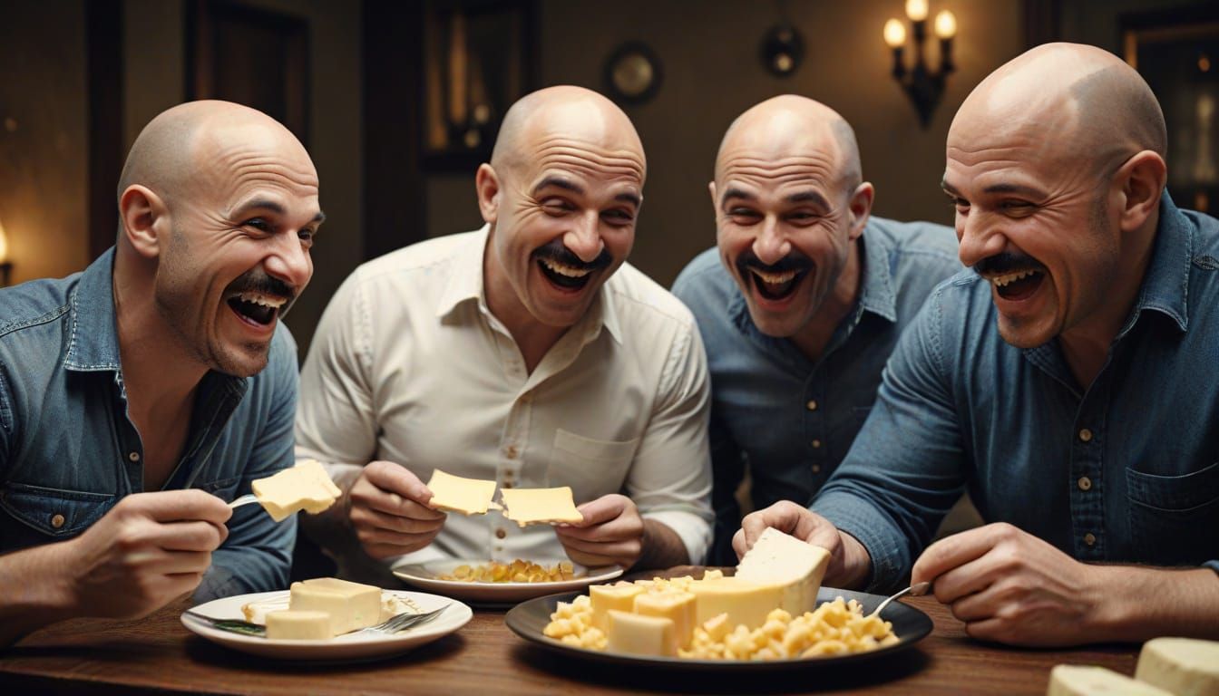 Laughing Men Admire Cheese in Hyperrealistic Detail