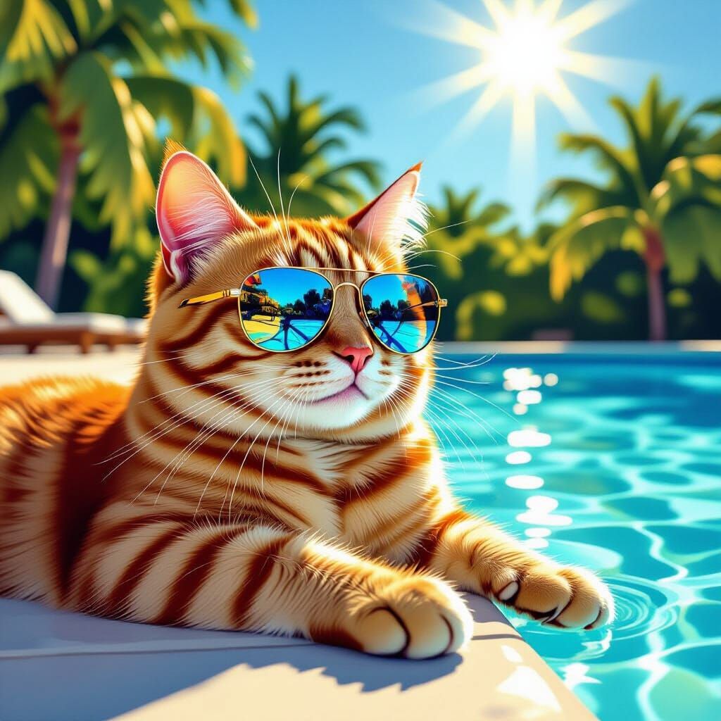 Orange Tabby Cat with Sunglasses by Pool in Pop Art Style