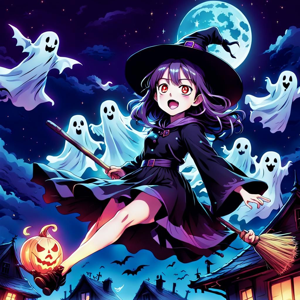 Manga Witch Flight in Neon Anime Style