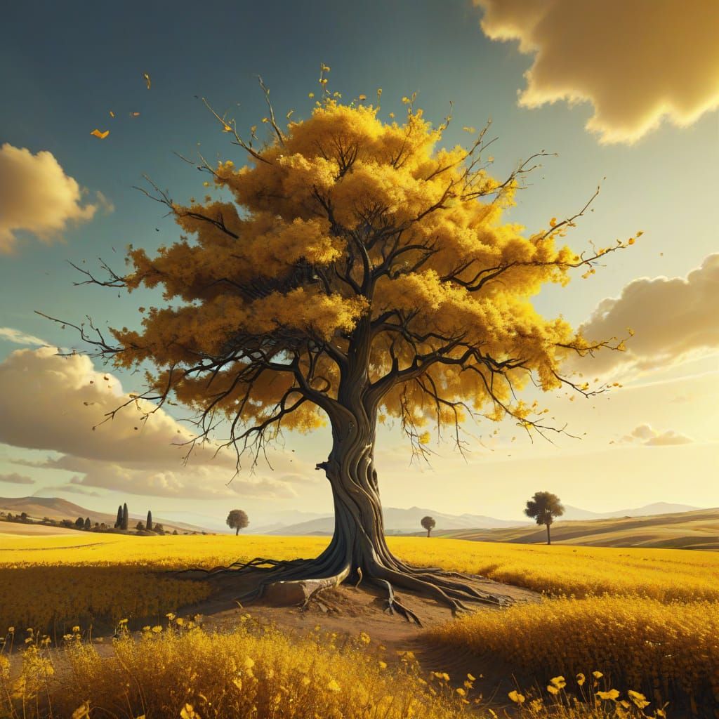 Surreal Tree in Yellow Field, Salvador Dali Style