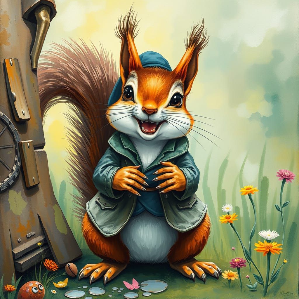 A playful, fully-clothed, mischievous squirrel in a whimsical setting