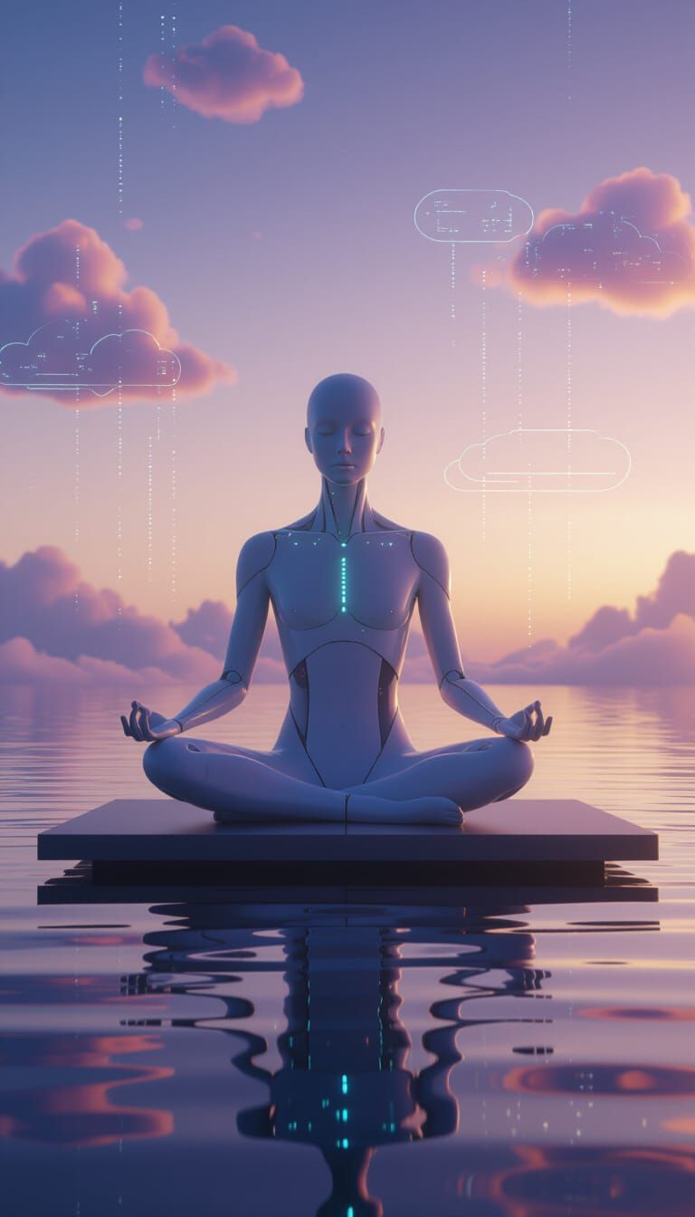 AI Meditating in Serene Digital Landscape
