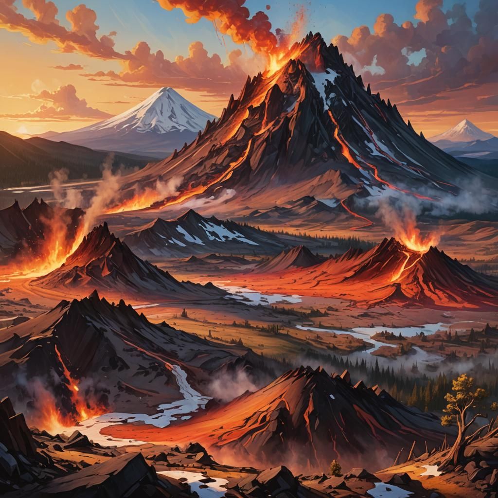 Erupting Broken Top Volcano: Dramatic Oil Painting
