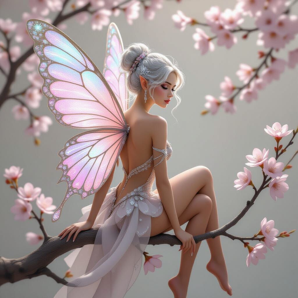 Ethereal Fairy with Butterfly Wings and Cherry Blossoms