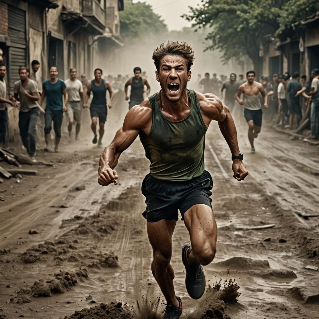 Hyperrealistic Man Escaping War-Torn Cityscape