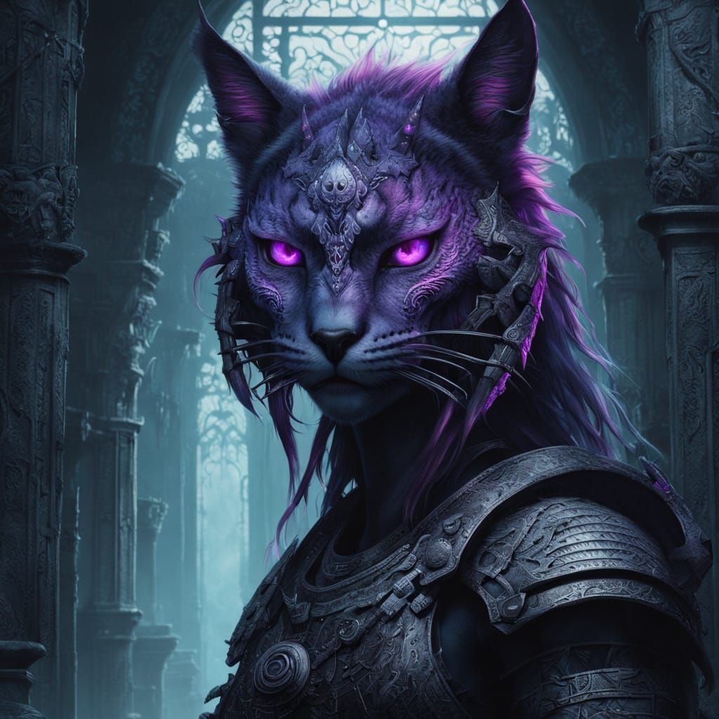 Cyberpunk Werecat Goddess in Ruined Temple