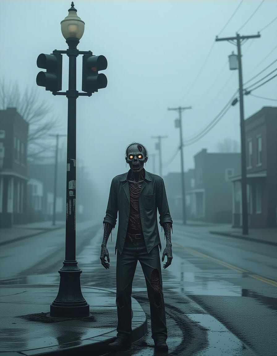 Zombie at Streetlight in Foggy Night
