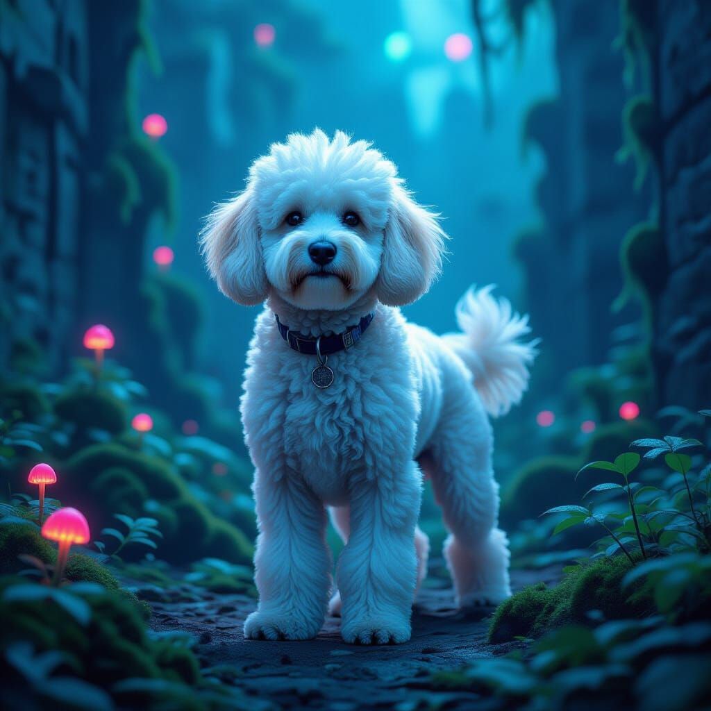 Labradoodle with Fungi in Neon City Ruins