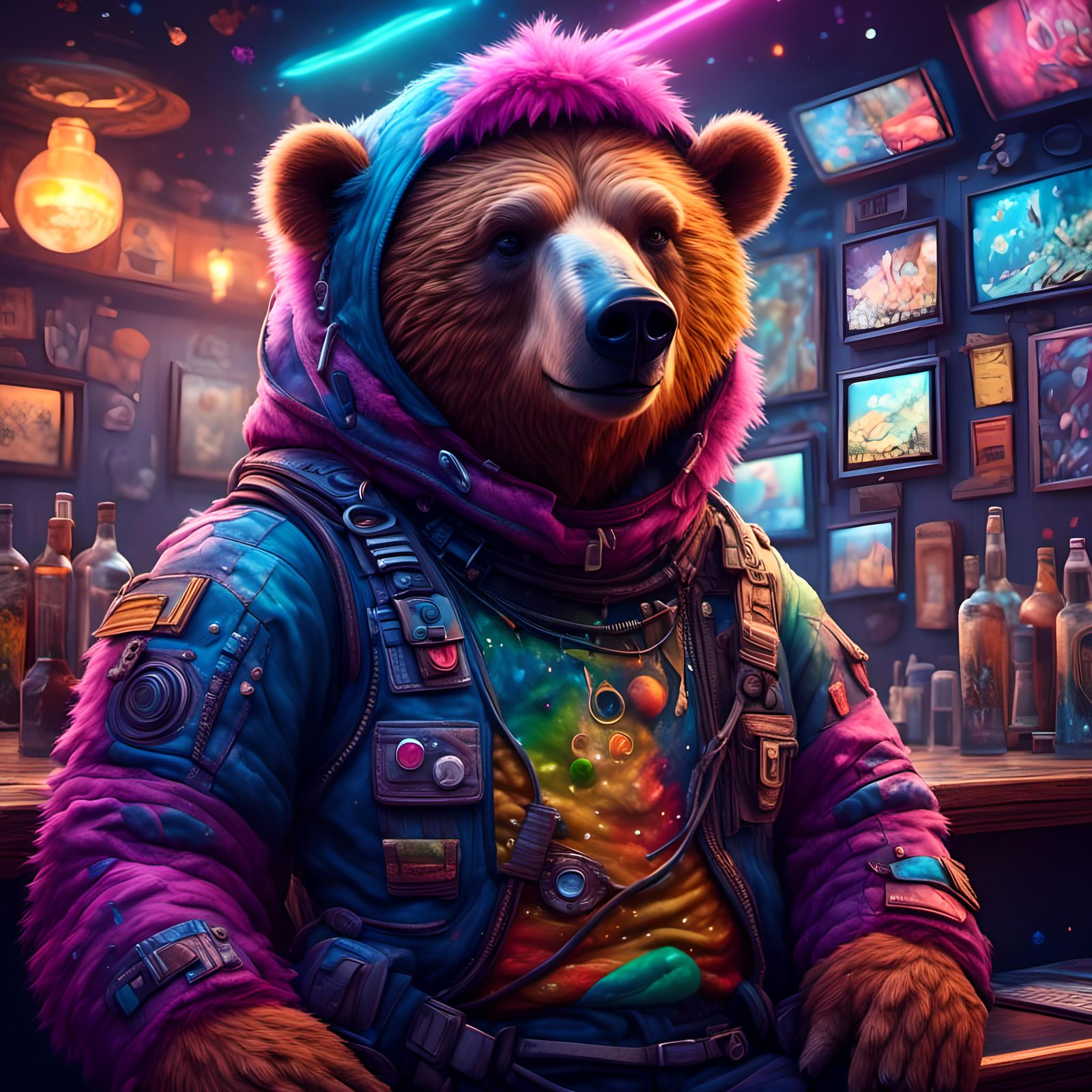 Colorful Space Bear at Cosmic Dive Bar