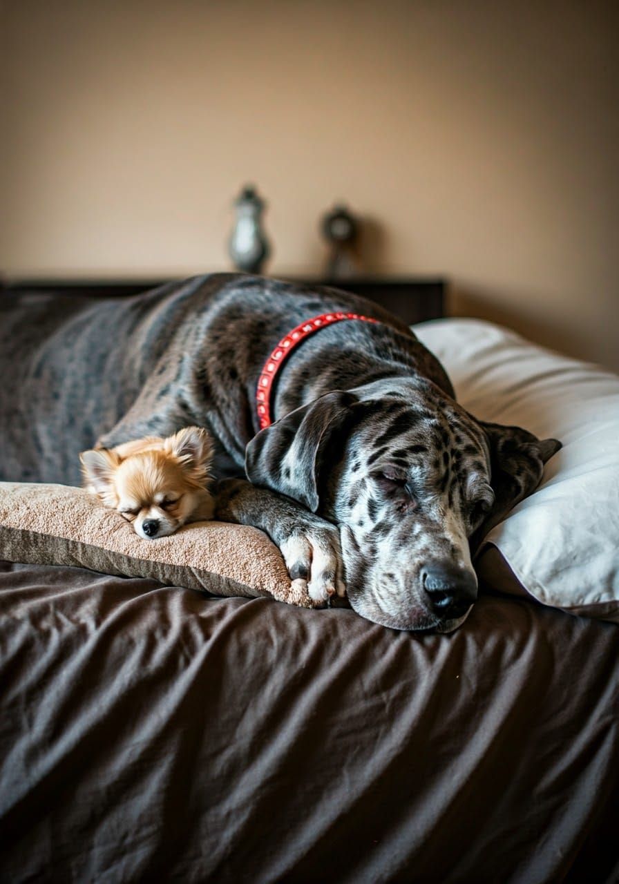 Sleeping Great Dane with Chihuahua Puppy