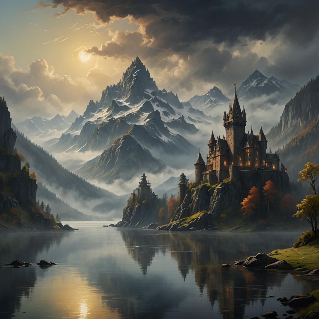 Lakeside Castle Oil Painting in Bierstadt Style