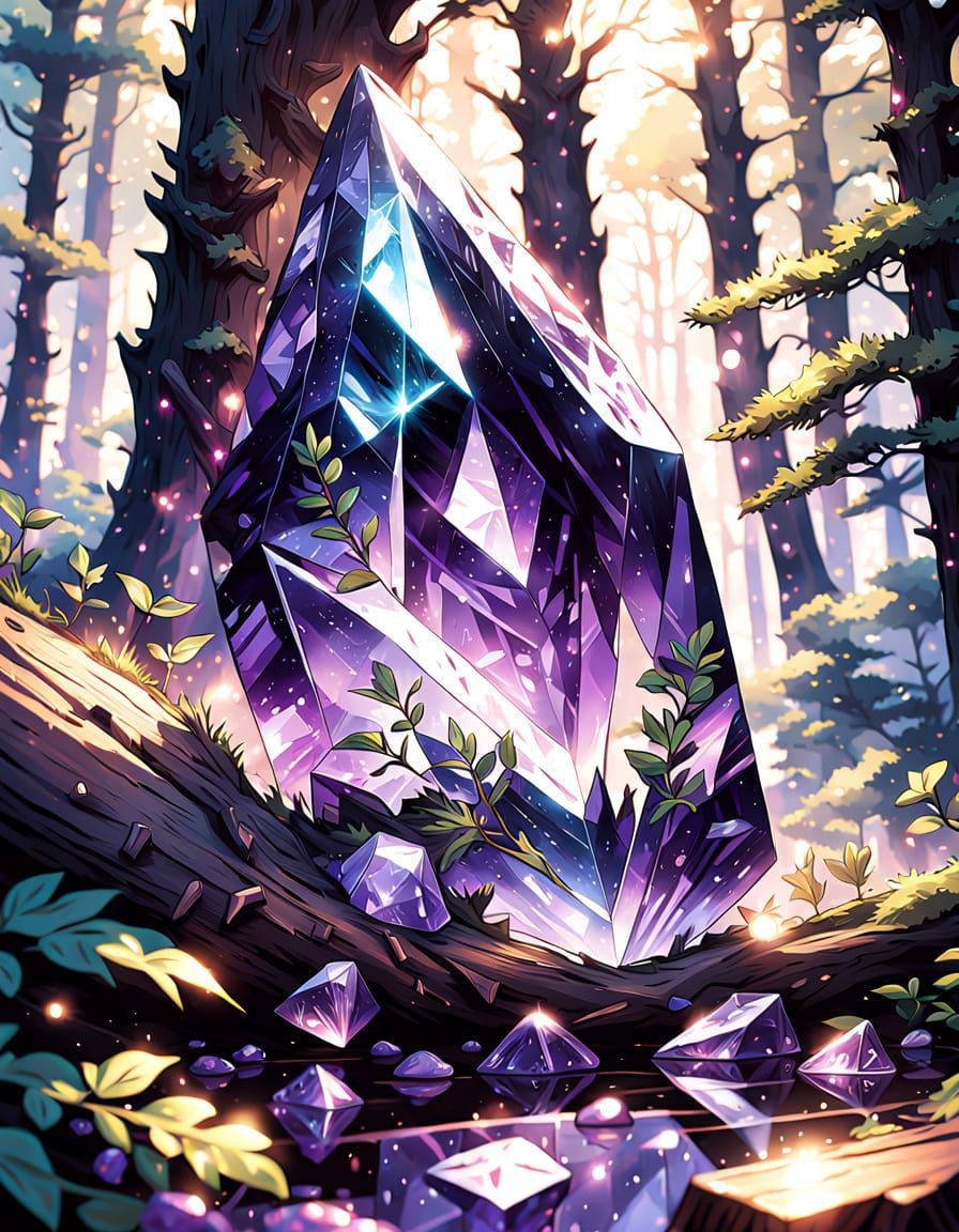 Shiny Purple Gem Shard in Tree Bark Anime Art
