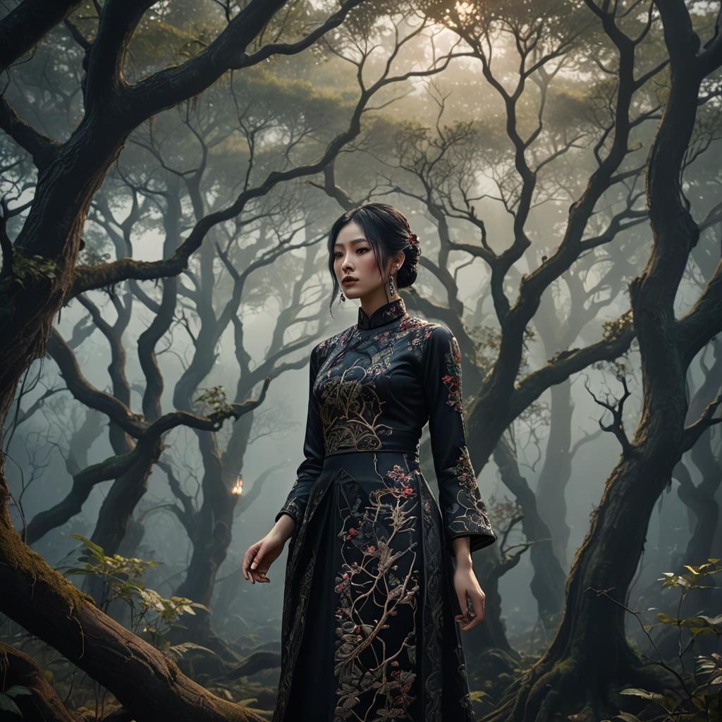 Gothic Girl in Qipao Amidst Mystical Forest