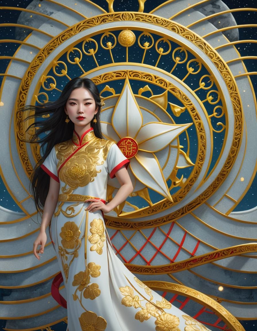 Asian Goddess with Golden Accents and Celestial Background