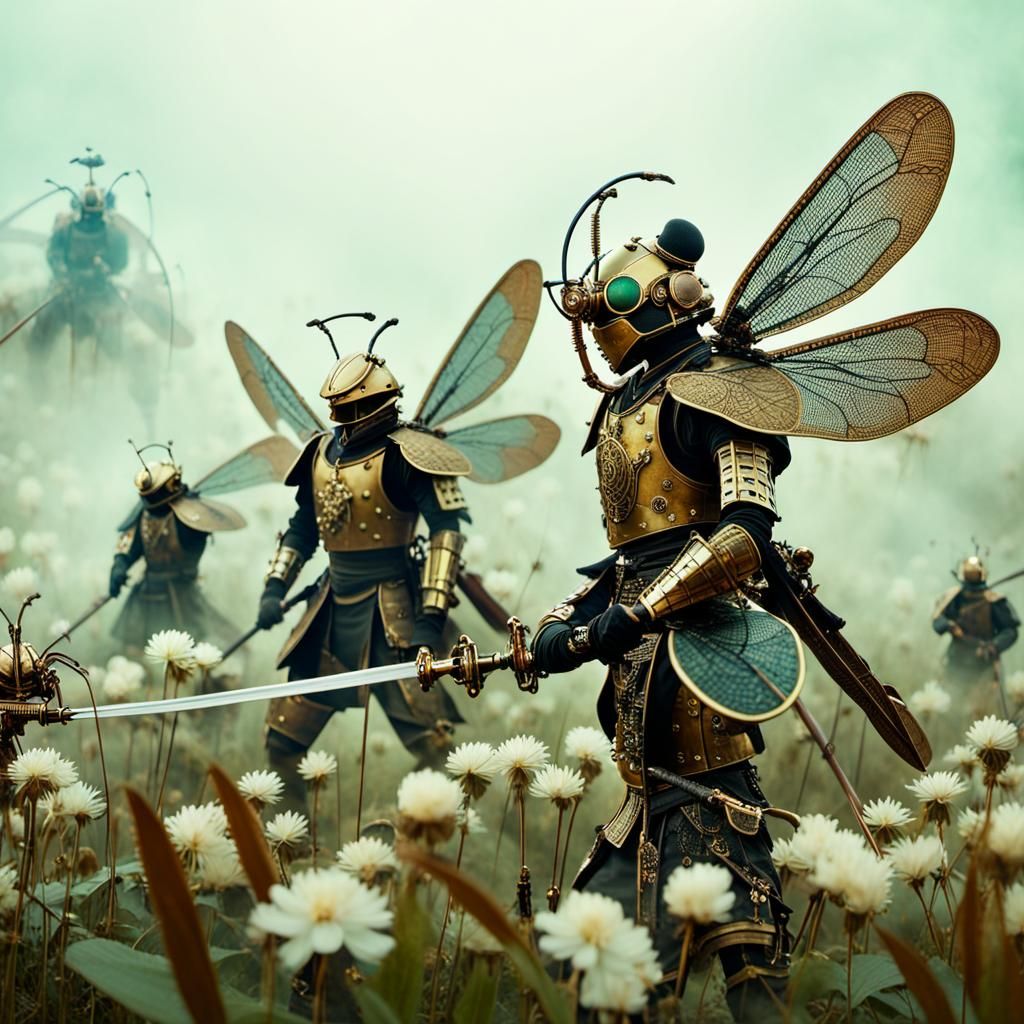 Steampunk Dragonfly Samurai Warriors in Opium Field