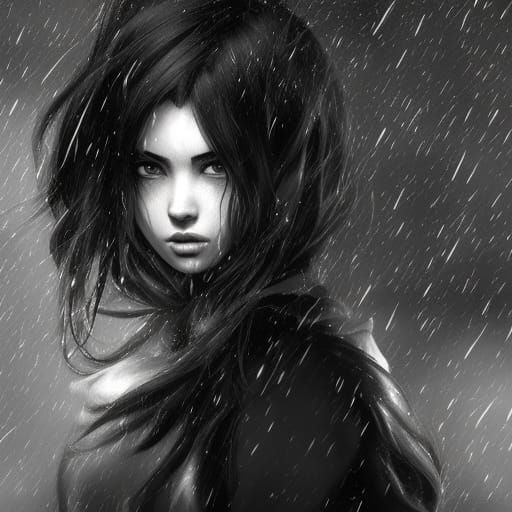Girl in Rain: Black and White Art Nouveau