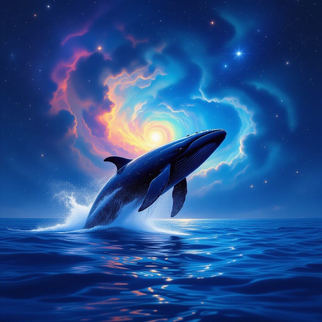Whale Breaching Cosmic Ocean Under Nebulae