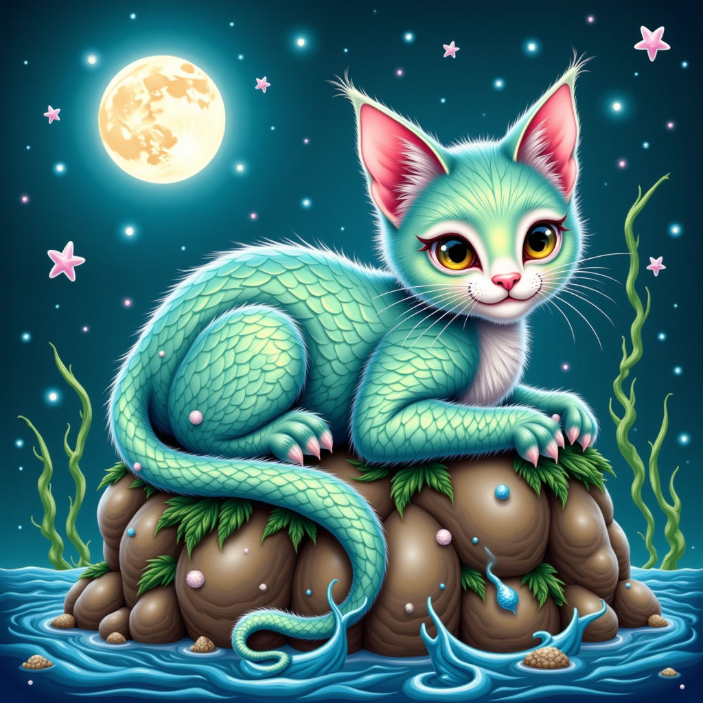 Scaled Cat Lounging on Ocean Rock in Dreamy Folk Art