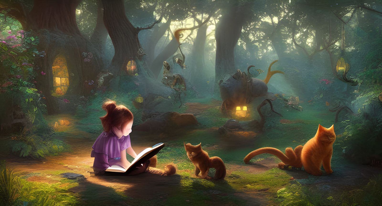 Enchanted Forest Tale: Girl Reading to Giant Cats