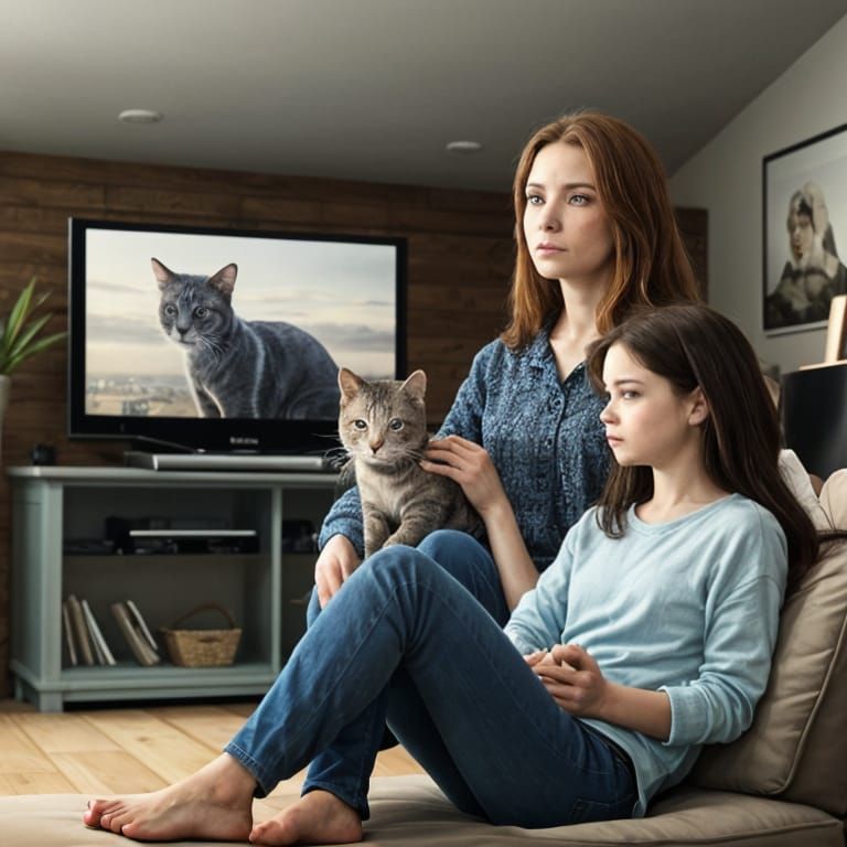 Hyperrealistic Cat Family Watching TV