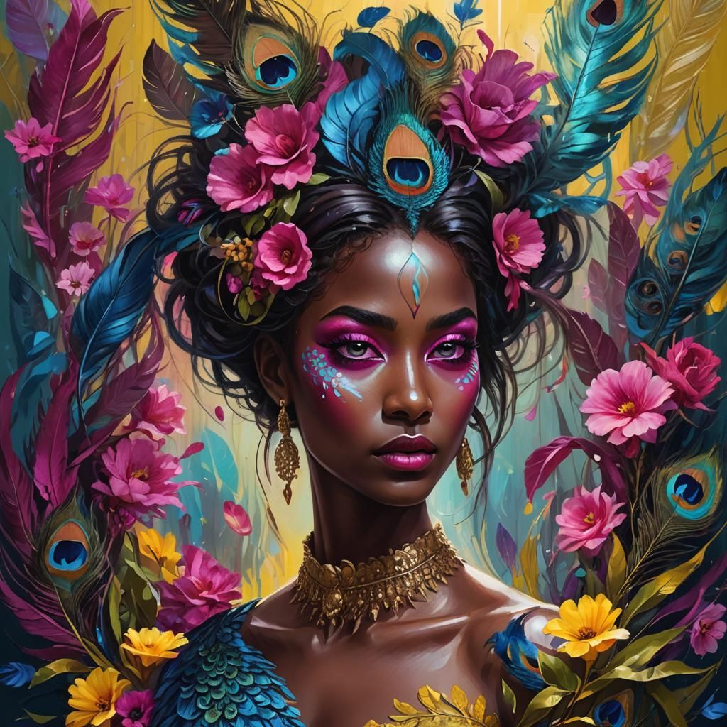 Peacock Woman Fantasy Art in Vibrant Oil Painting Style