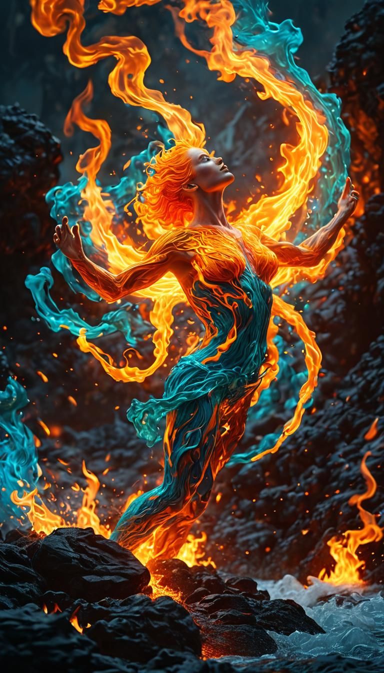Fire Dancer in Volcanic Landscape, Digital Art