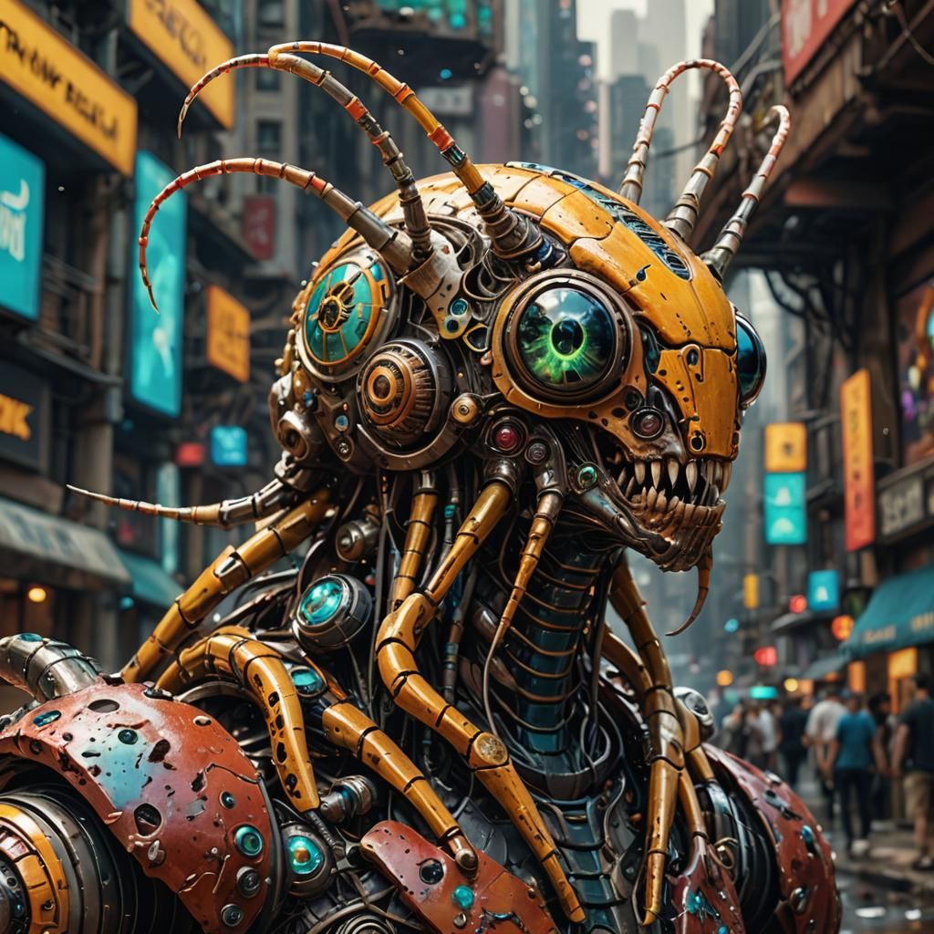 Biomechanical Alien Insect in Hyperrealistic Splash Art