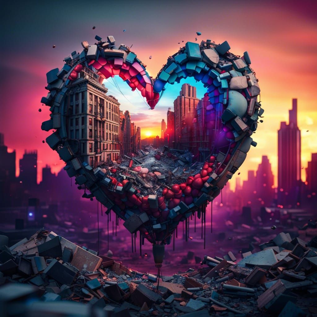 Heart Balloon Over Post-Apocalyptic Cityscape