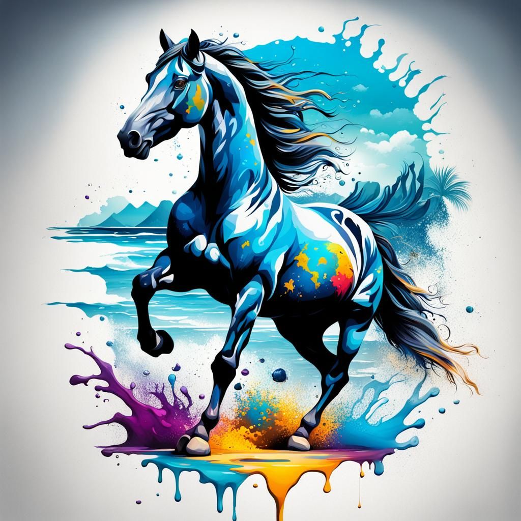 Horse Tattoo Beach Scene in Graffiti Style