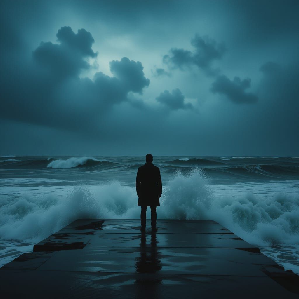 Solitary Figure Facing Stormy Ocean
