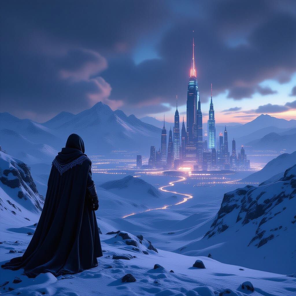 Cloaked Figure Gazes at Futuristic City from Snowy Peak