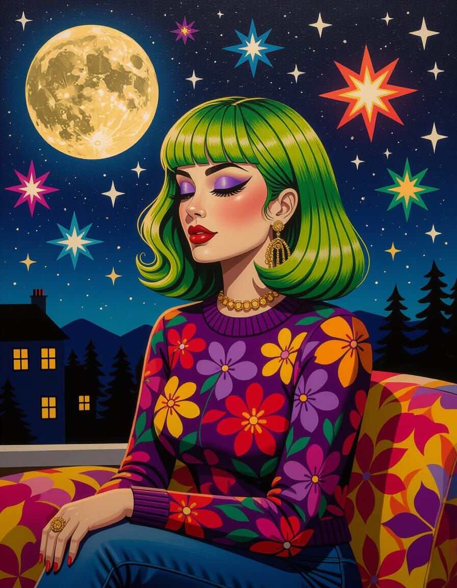 Emo Rock Woman in Moonlight: Bas Relief Encaustic Art