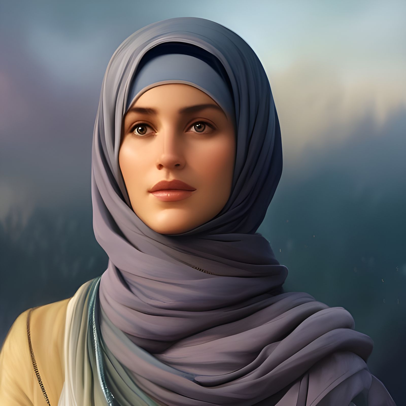 Beautiful Woman in Hijab Portrait, Digital Art Style
